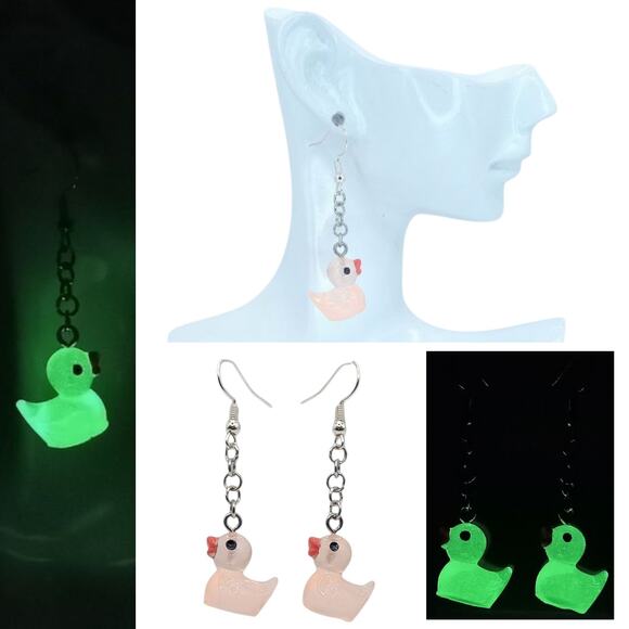 Pink Glow in the Dark Duck Earrings Rave Festival Rubber Duck Jewelry - Picture 3 of 4